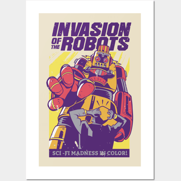 Invasion of robots retro sci-fi art Wall Art by Catfactory